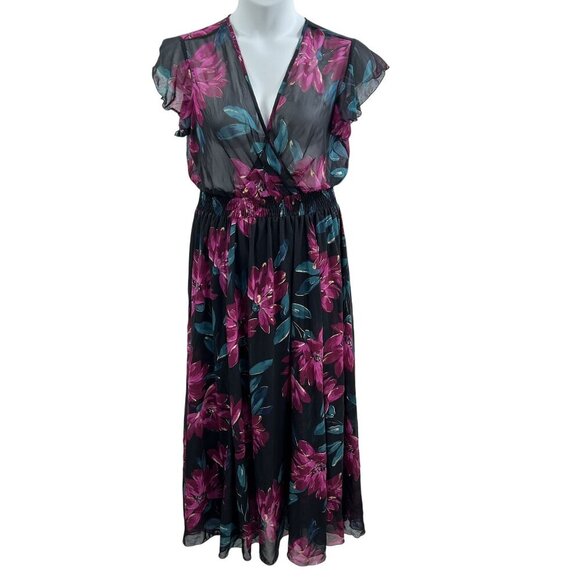 Anthropologie Kate & Lily 12 Ruffled Babydoll Floral Black Chiffon Smocked Dress - Picture 1 of 16